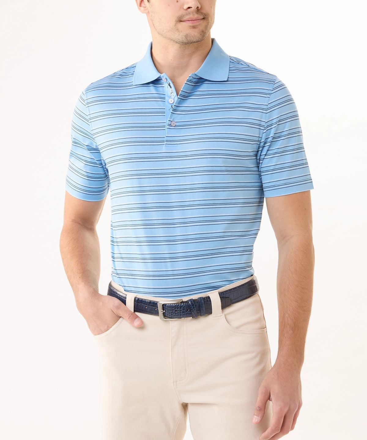 Signature 100% Mercerized Cotton Kirkwood Multi-Pinstripe Polo Shirt Tailored Fit Barrel Cuff Design