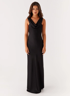 Arya Maxi Dress - Black Subtle Flow Satin Fabric