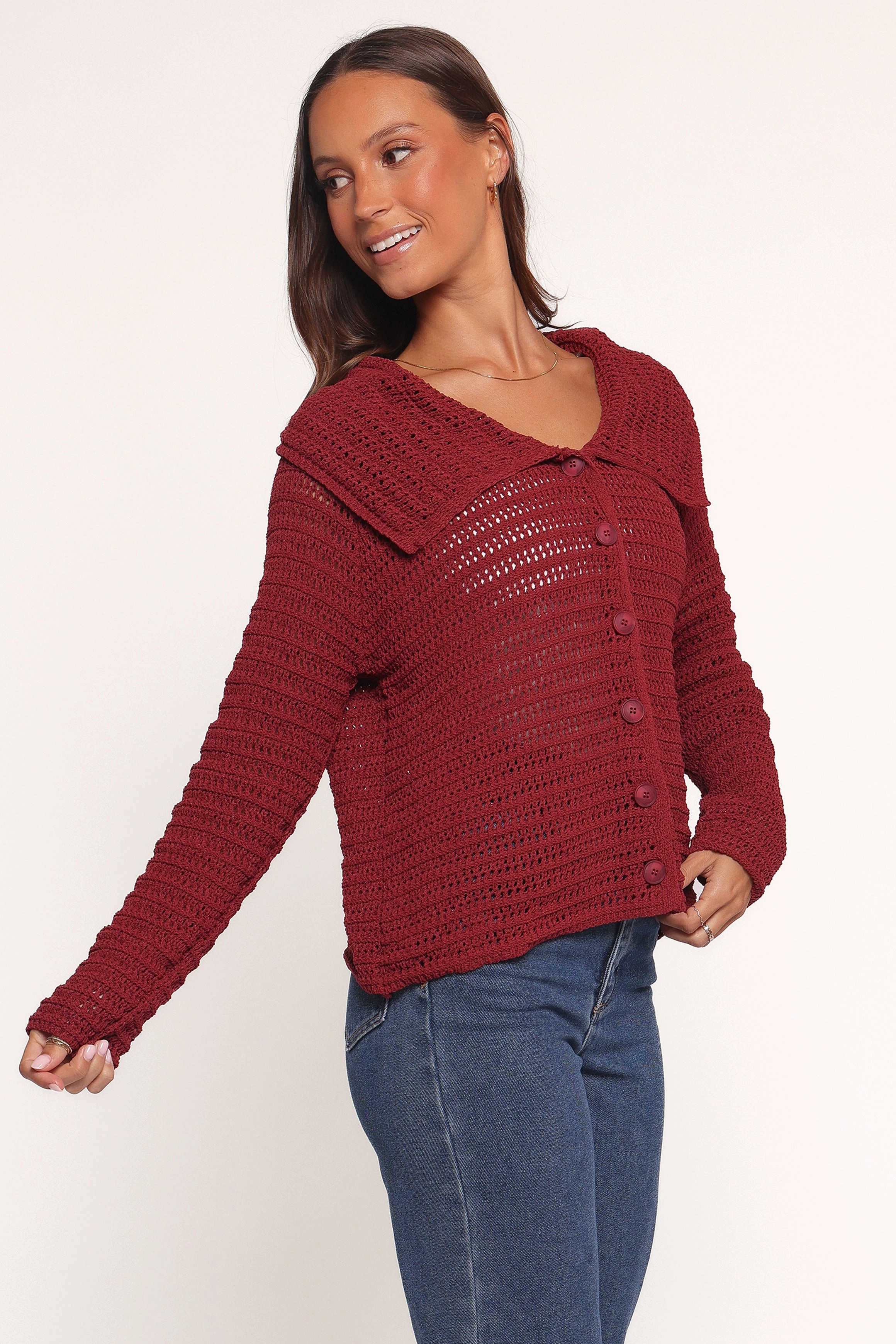 Lyra Large Collar Cardigan - Burgundy Drop Shoulder Design