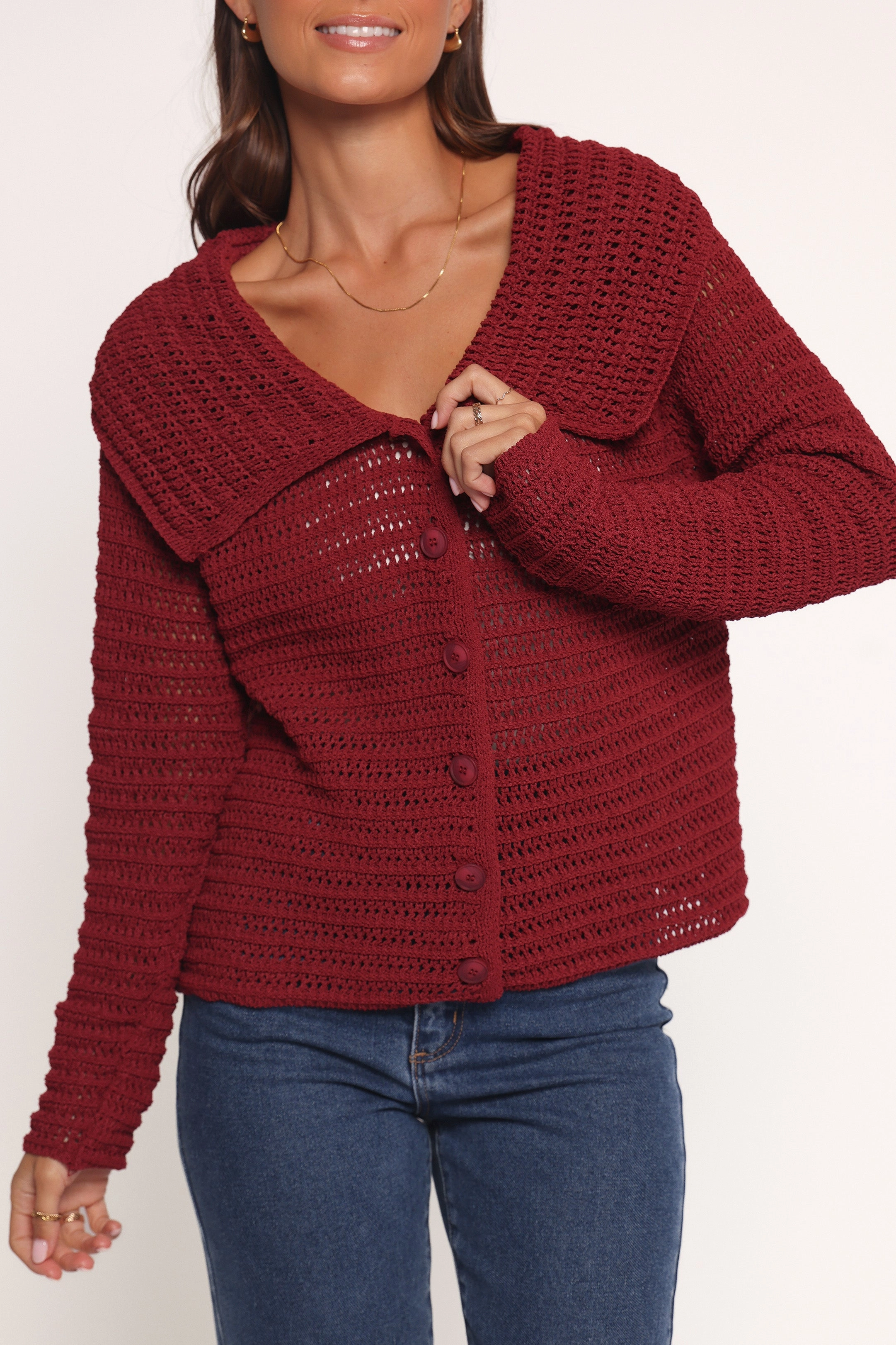 Lyra Large Collar Cardigan - Burgundy No-Fuss Look Layering Piece