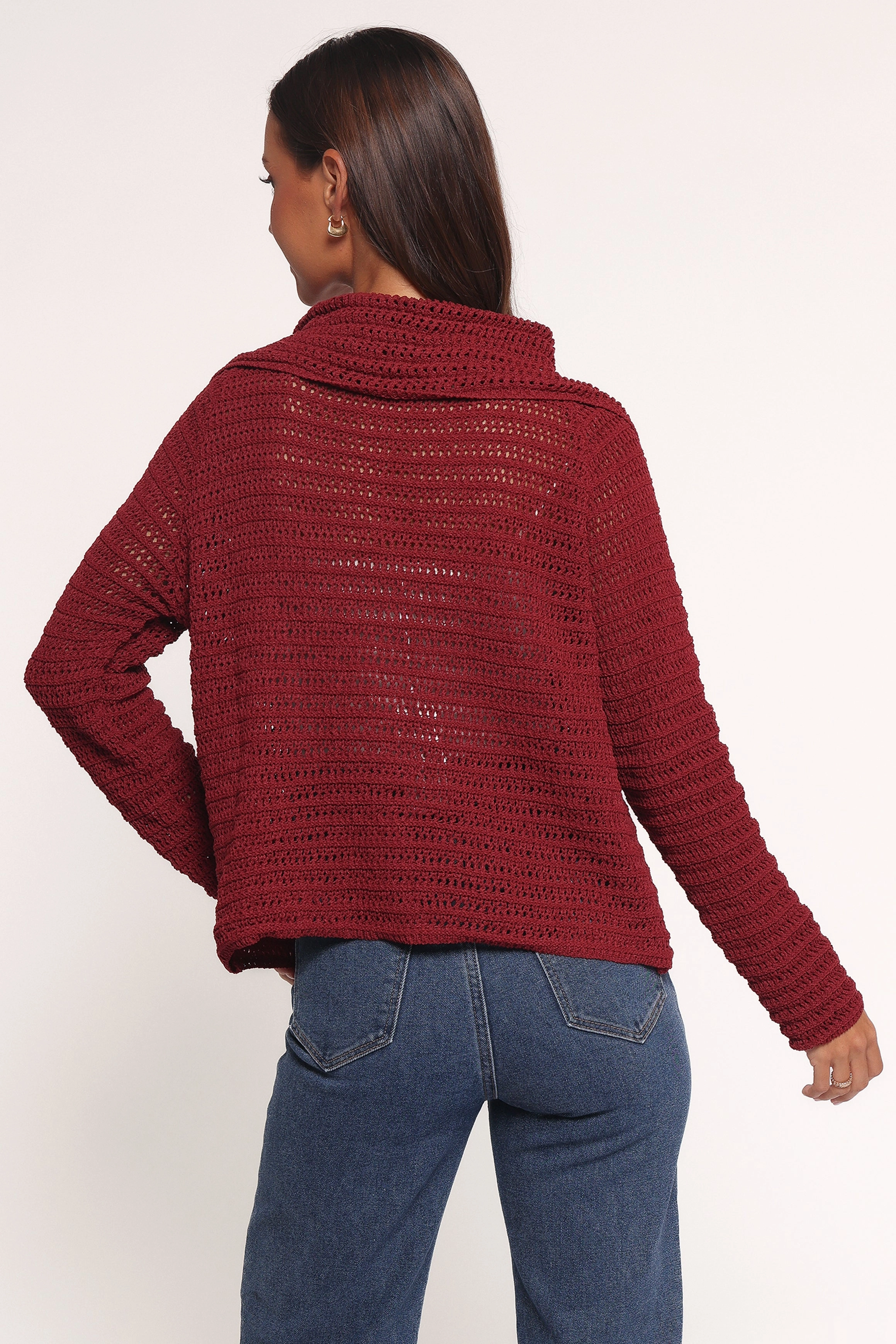Lyra Large Collar Cardigan - Burgundy Lattice Pattern