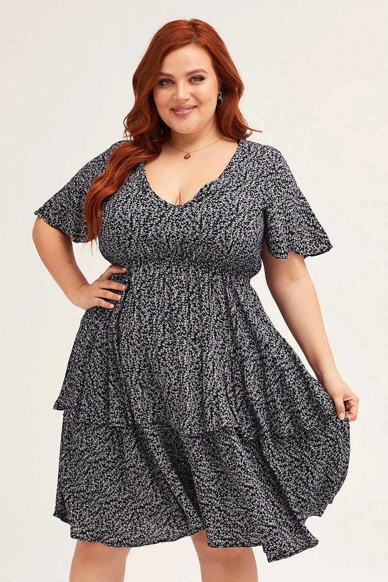 Functional-Design warm tones Ditsy Print Navy Ditsy Print Short Sleeve V-neck Mini Dress