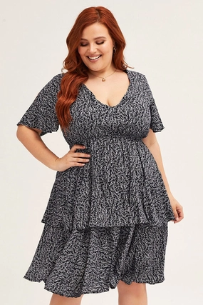 High-Neck Calm Finish Ditsy Print Navy Ditsy Print Short Sleeve V-neck Mini Dress