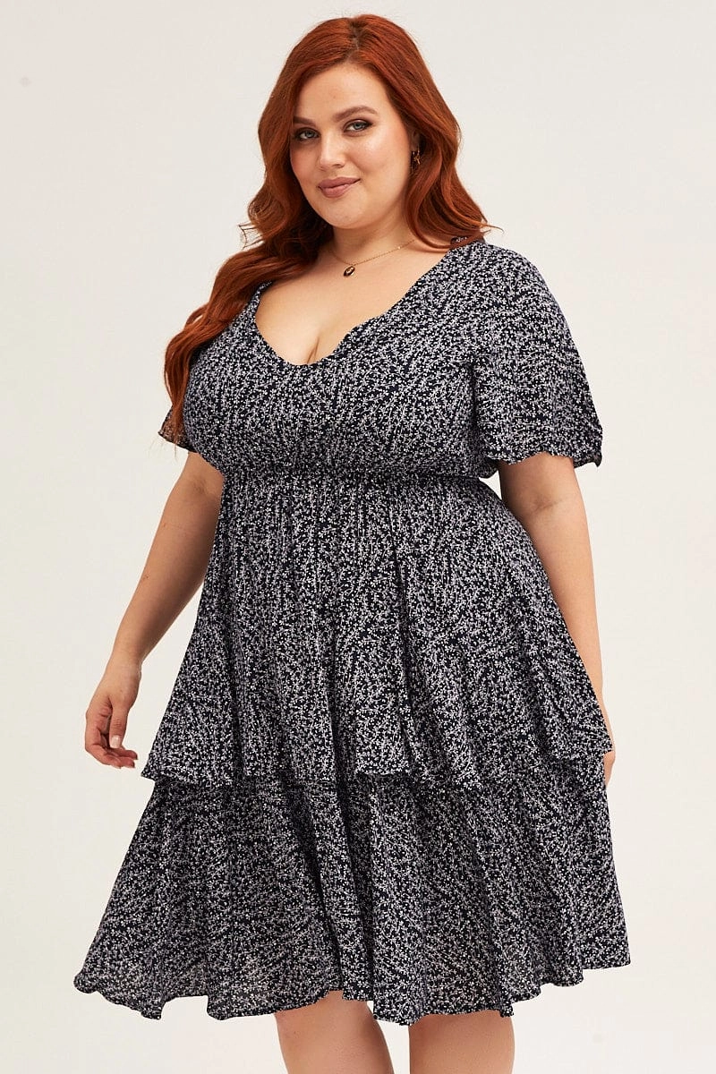 Lounge Mode Classic and Modern Ditsy Print Navy Ditsy Print Short Sleeve V-neck Mini Dress