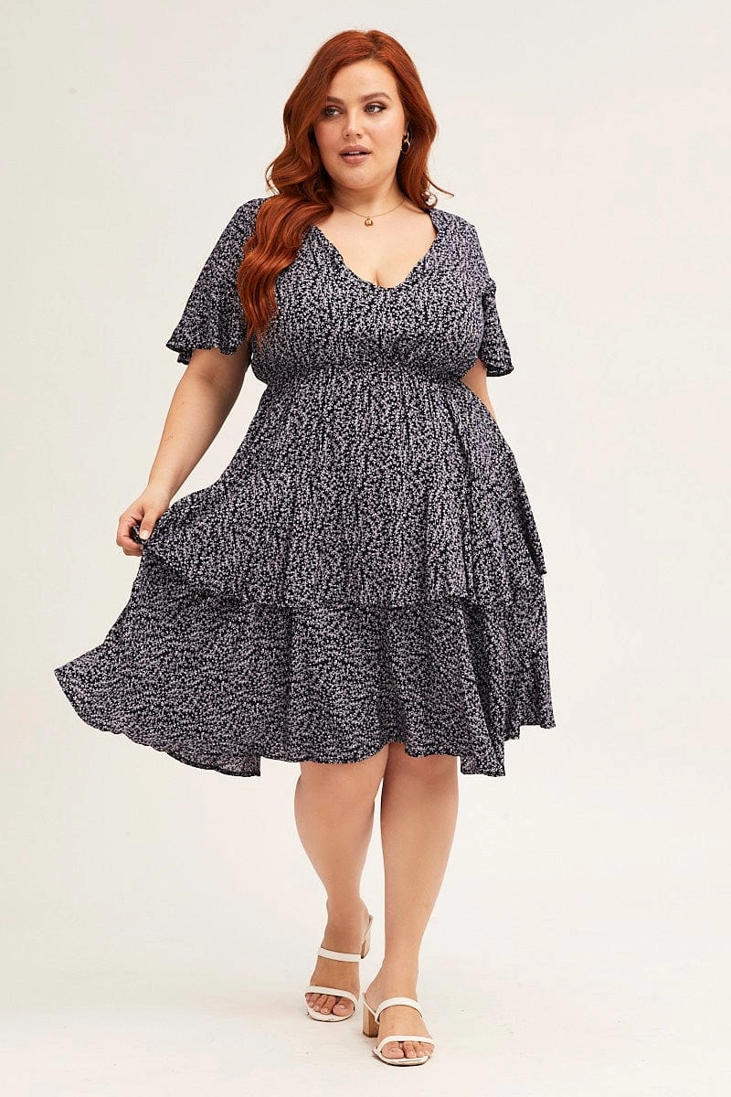 Ditsy Print Navy Ditsy Print Short Sleeve V-neck Mini Dress Clean Stitch