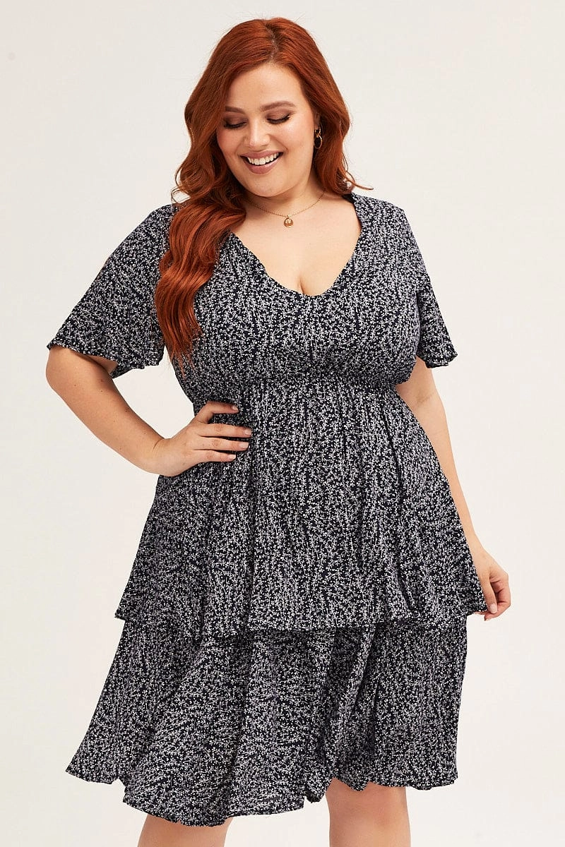 High-Neck Calm Finish Ditsy Print Navy Ditsy Print Short Sleeve V-neck Mini Dress