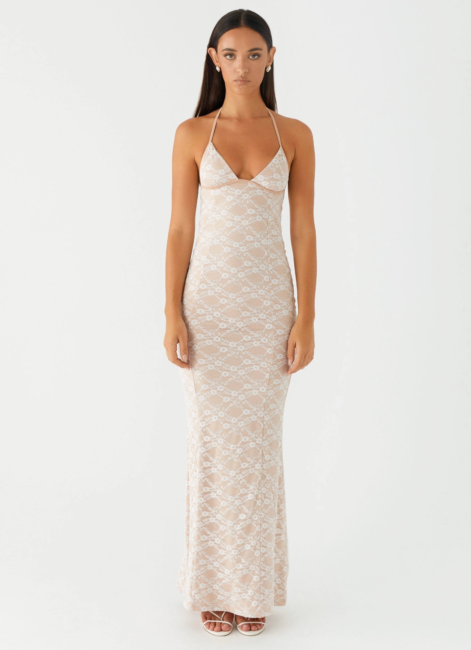 Slit-Hem Jolina Lace Maxi Dress - White
