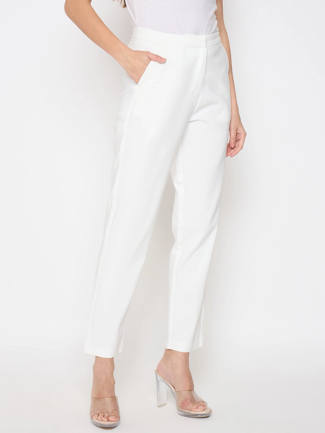 Perfect Look Madame Alex Waist Belt Detail Solid White Trousers