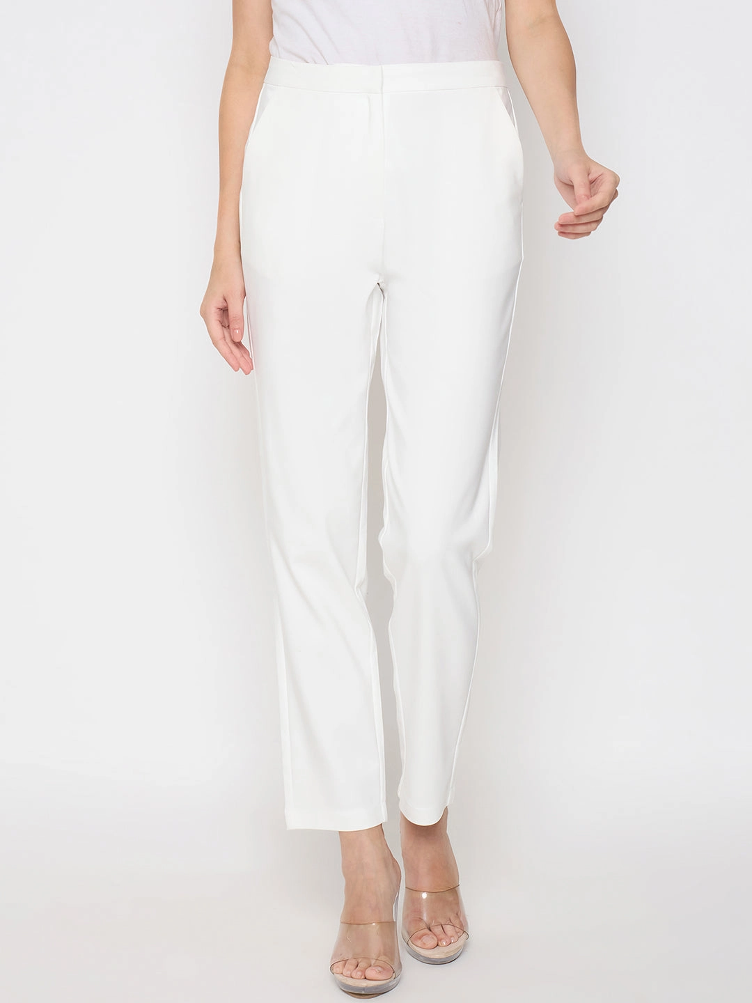 Madame Alex Waist Belt Detail Solid White Trousers Lightweight Feel
