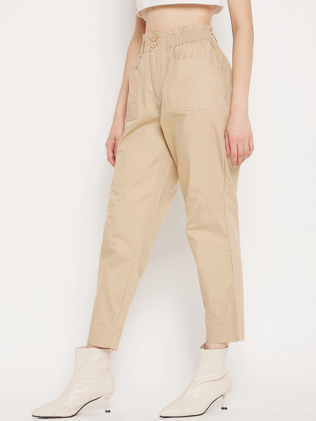 Madame Beige Ankle Length Cotton Trousers Comfortable Leg