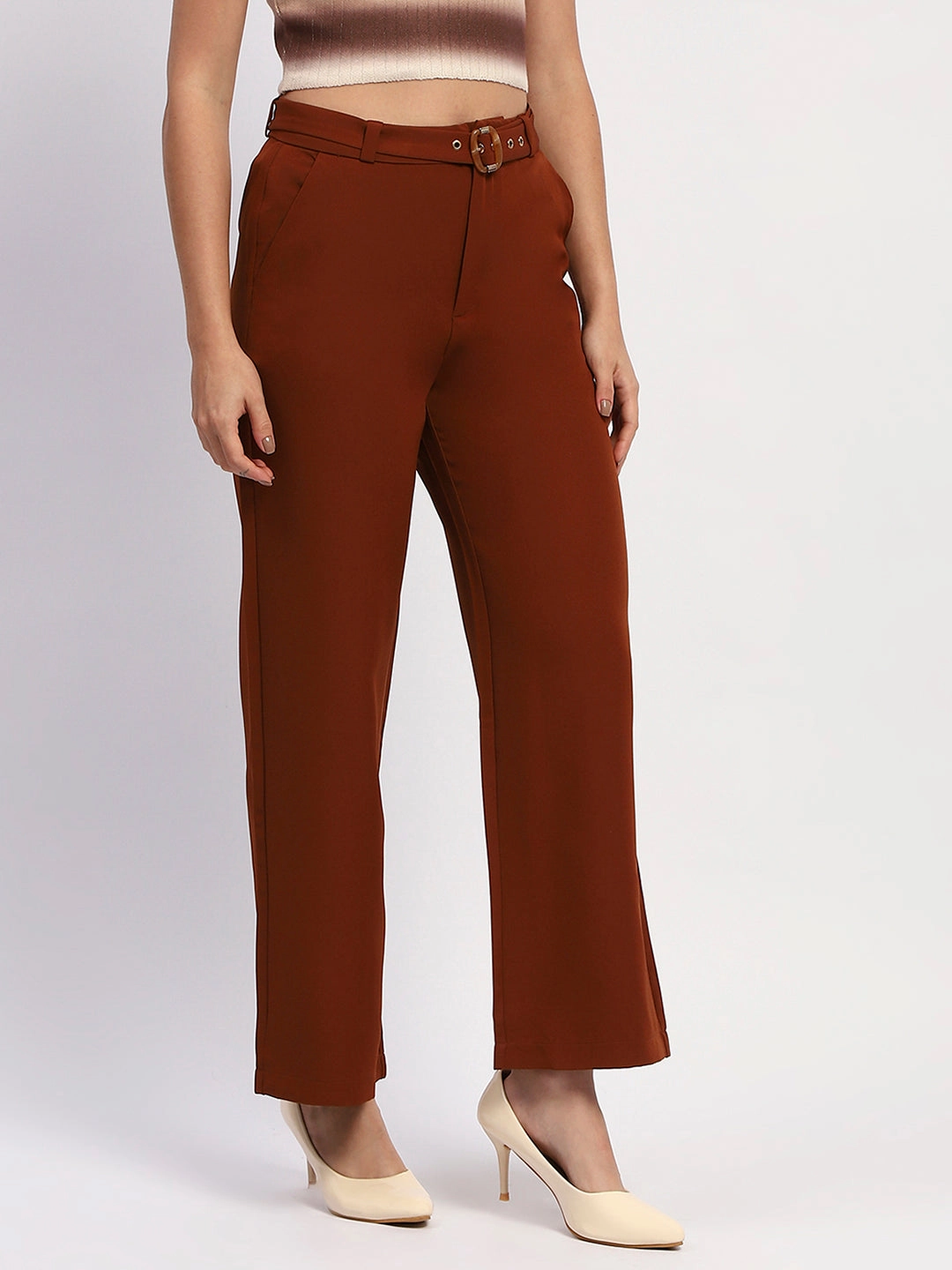 Madame Belted Straight Fit Solid Rust Trousers Body Movement Flattering Comfort