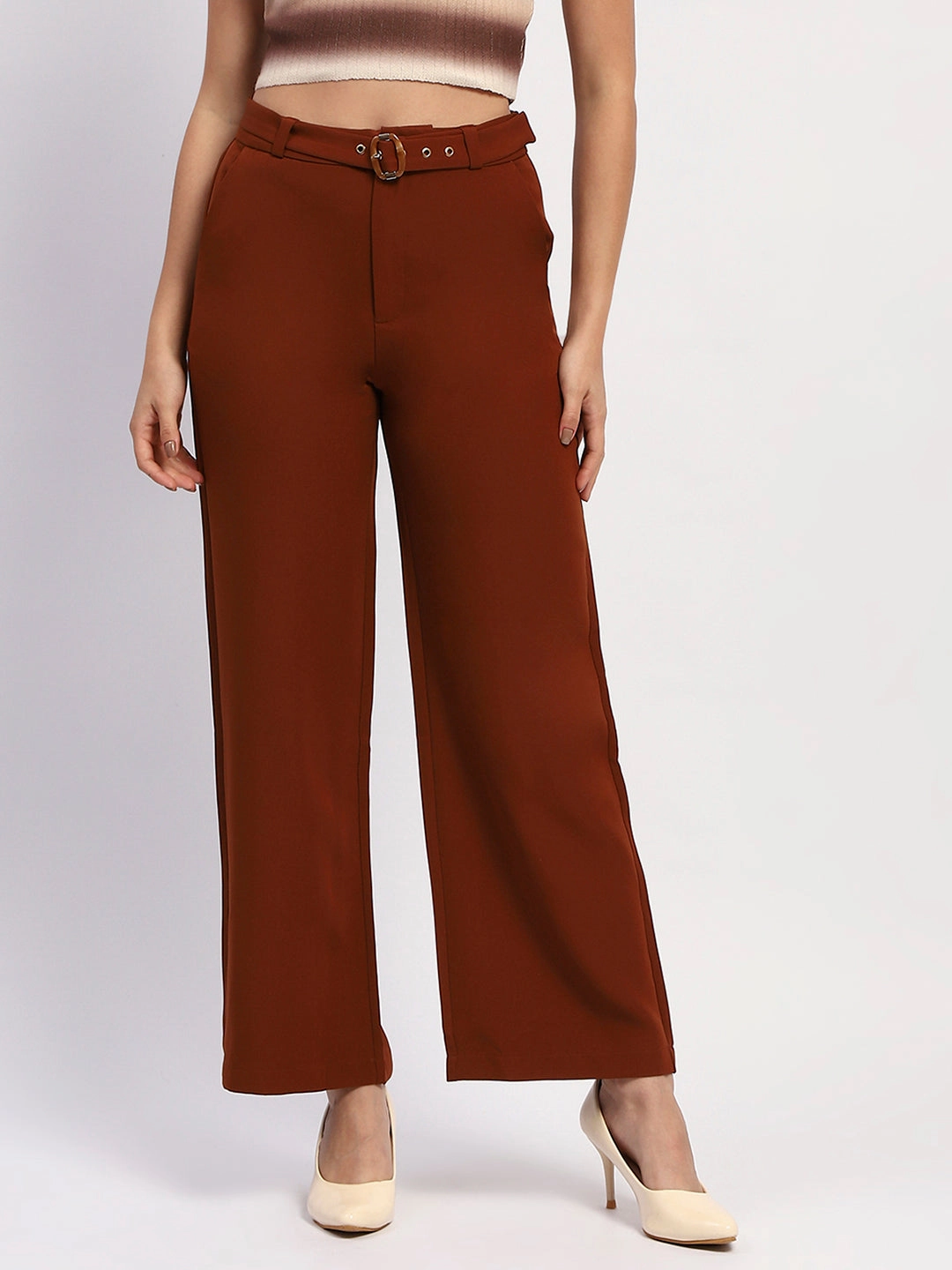 Madame Belted Straight Fit Solid Rust Trousers Breathable Comfort Design Abrasion Resistant Fabric