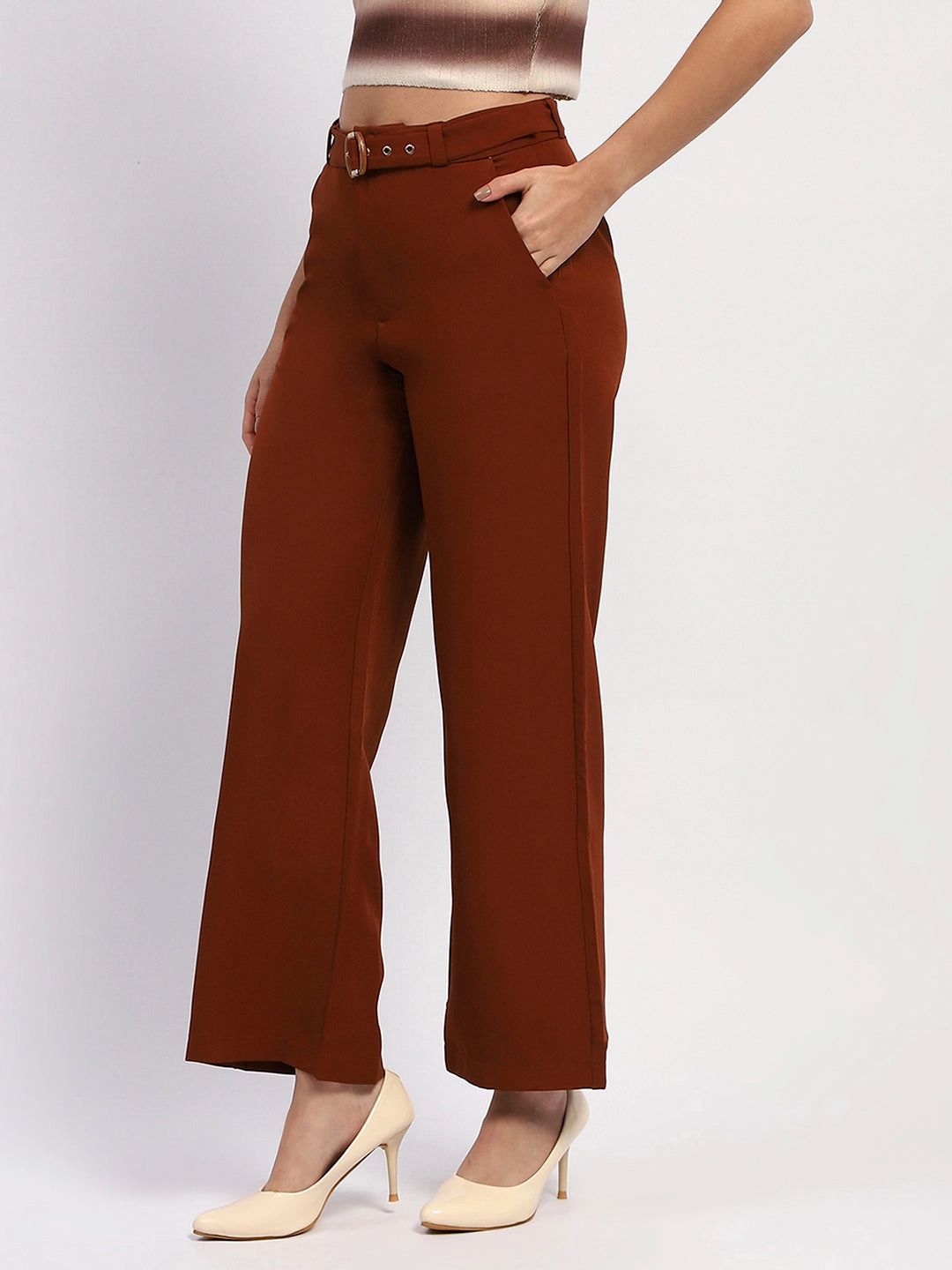 Lightweight Fit Sporty Touch Madame Belted Straight Fit Solid Rust Trousers