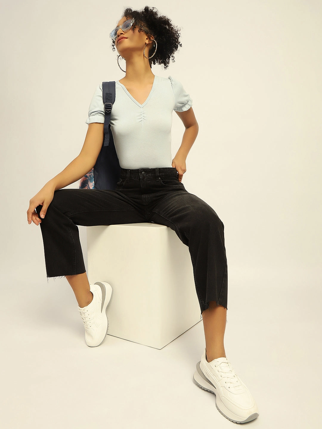 Flex Look Comfy Waist Madame Black Loose Fit Cotton Jeans