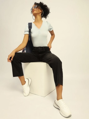 Flex Look Comfy Waist Madame Black Loose Fit Cotton Jeans