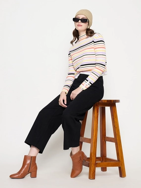 Reinforced Stitching Details Madame Black Wide Leg Cotton Blend Denim