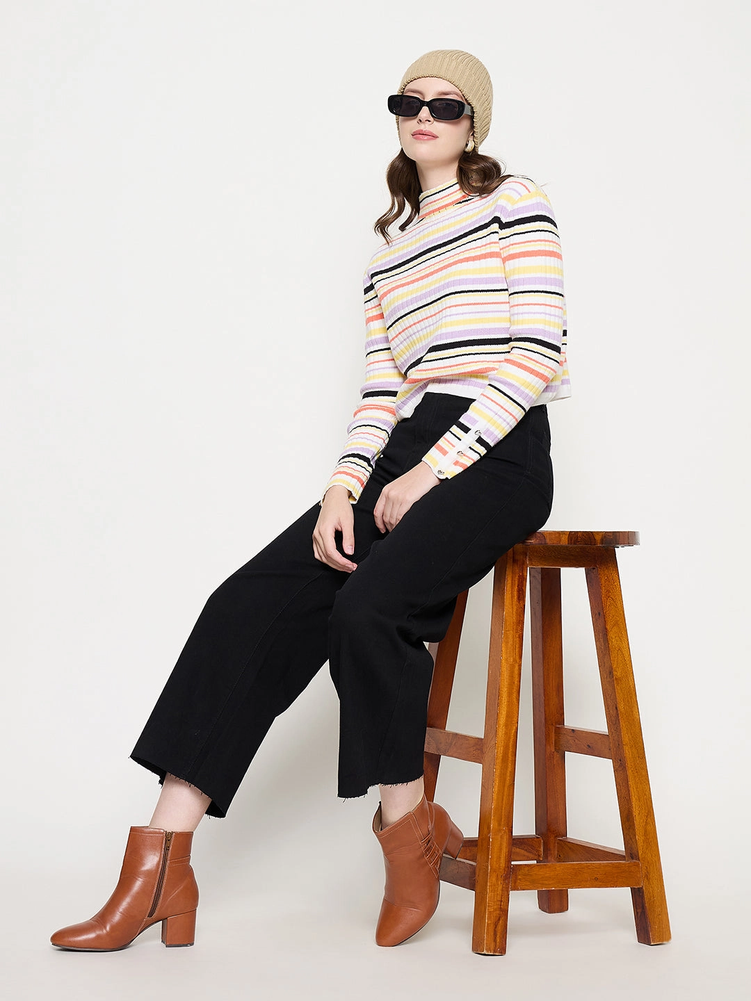 Reinforced Stitching Details Madame Black Wide Leg Cotton Blend Denim