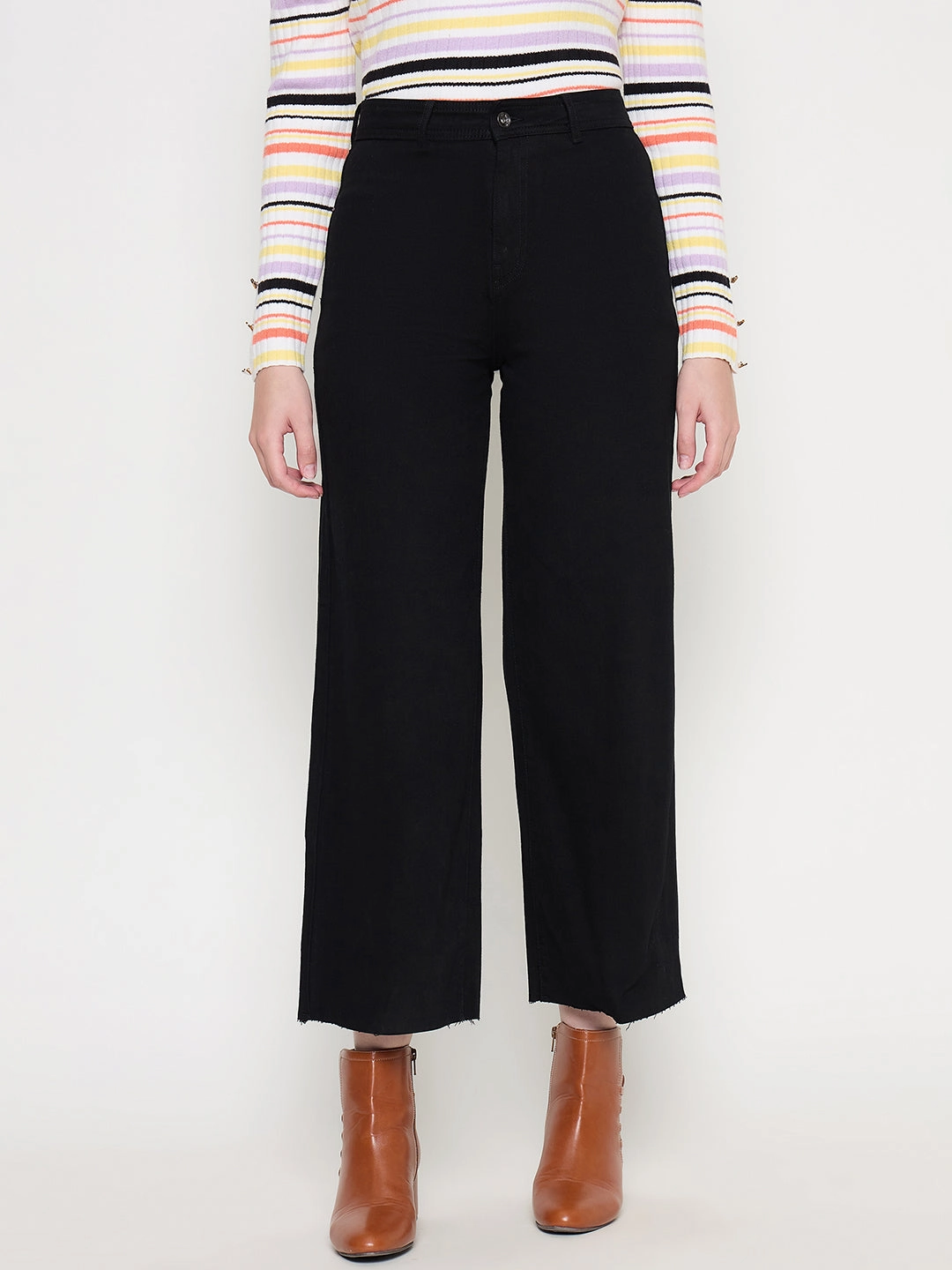 Spring Mood Office Wear Minimalist Smart Tailoring Madame Black Wide Leg Cotton Blend Denim
