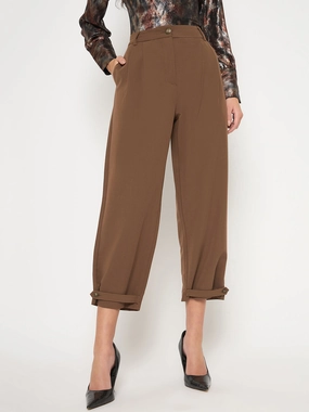 Wool blend breathable panels Madame Buckled Hem Warm Tan Rayon Blend Trousers