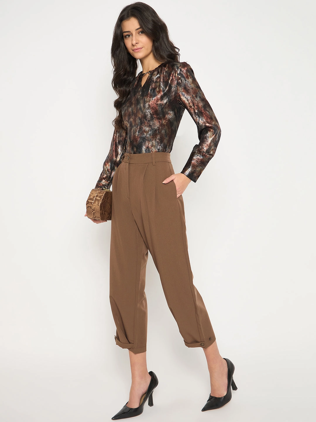 Flexible Motion Madame Buckled Hem Warm Tan Rayon Blend Trousers
