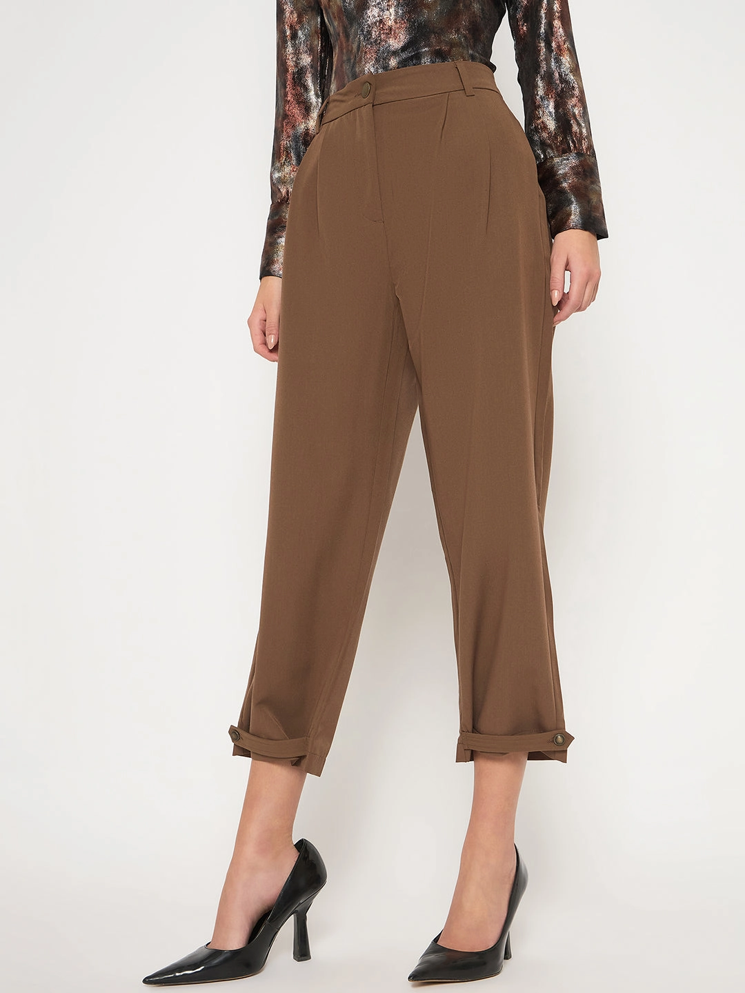 Lightweight Fabric AllDayCompression Madame Buckled Hem Warm Tan Rayon Blend Trousers