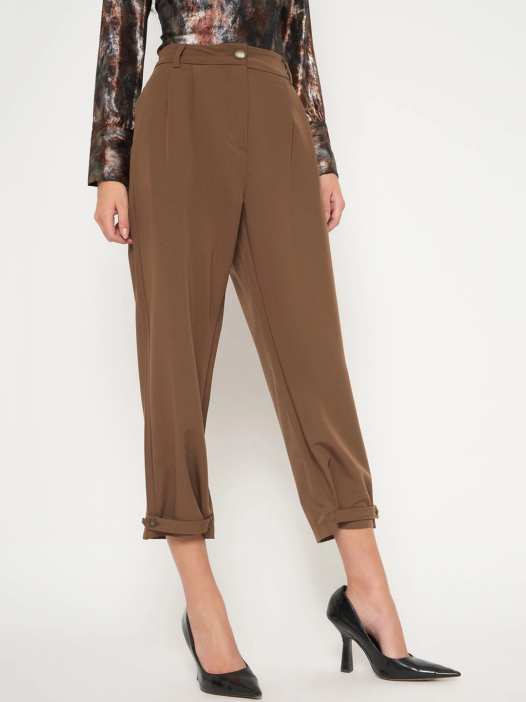 Madame Buckled Hem Warm Tan Rayon Blend Trousers Modern Relaxed