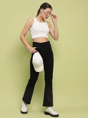 Casual Dressing Style Appropriate Madame Cotton Blend Black Flared Denim Jeans