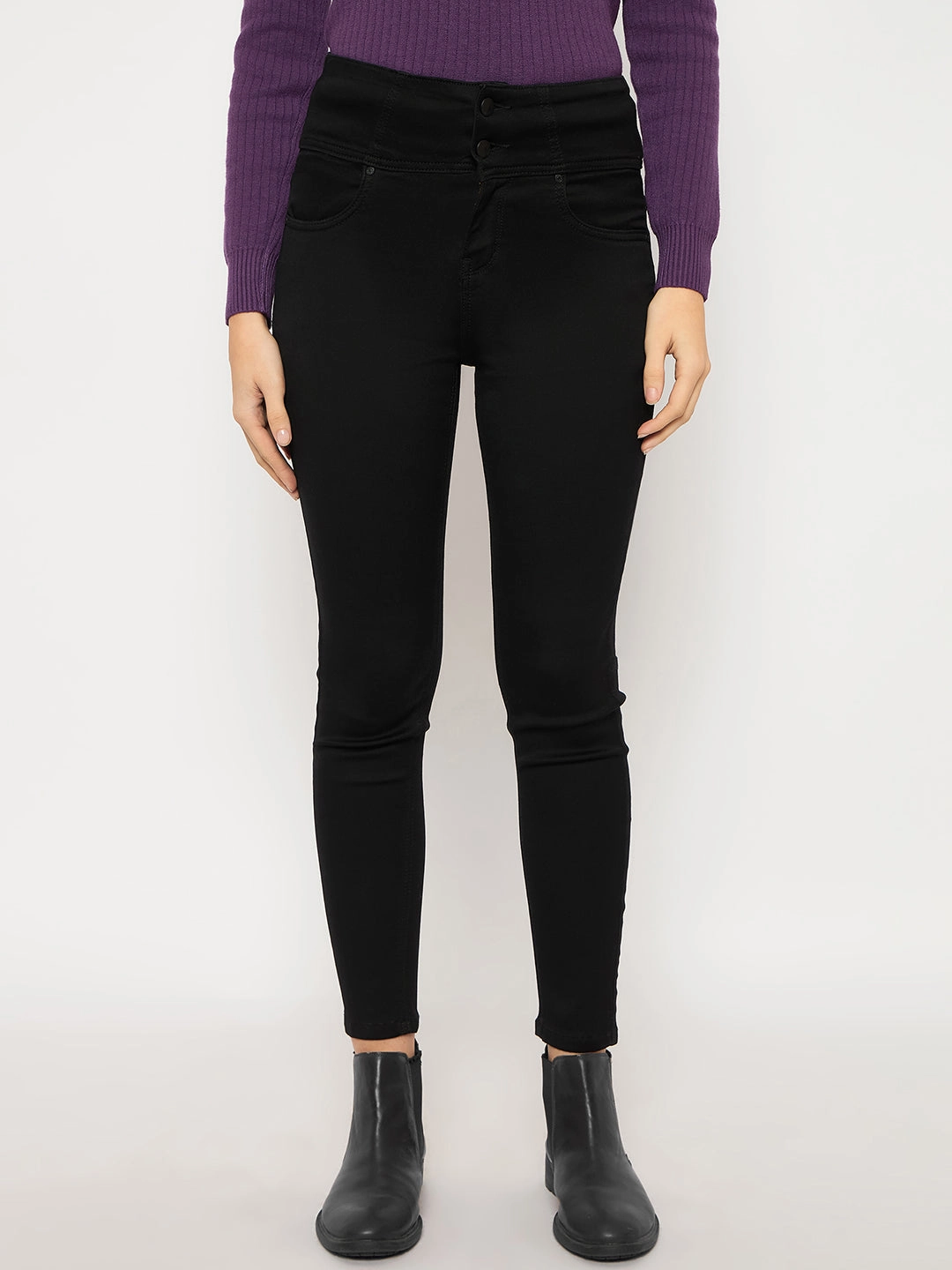 Relaxed Comfort Trendy Look Madame Cotton Blend Double High Rise Solid Button Black Denim Jeans