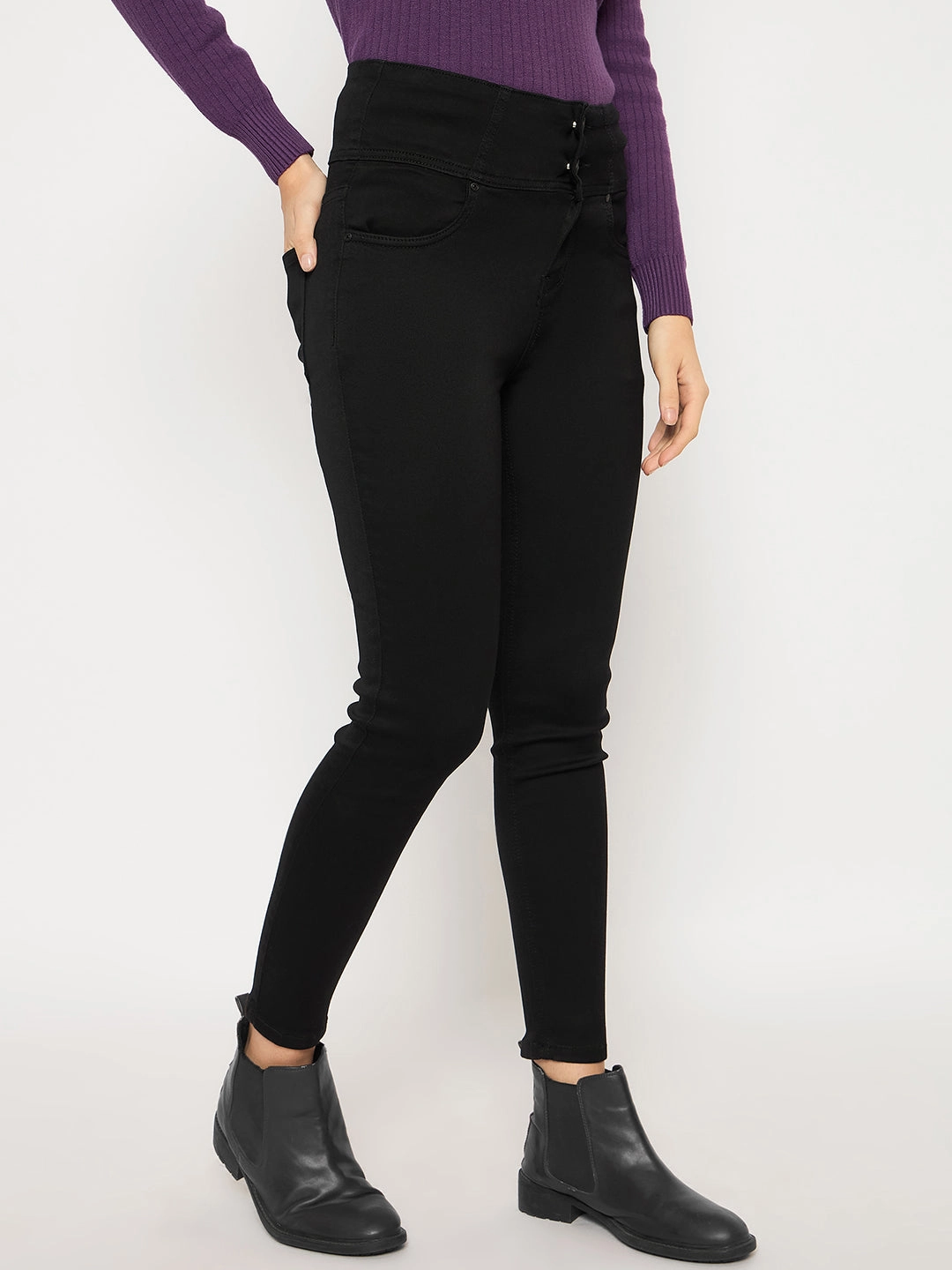Neutral Style Layer Friendly Piece Madame Cotton Blend Double High Rise Solid Button Black Denim Jeans