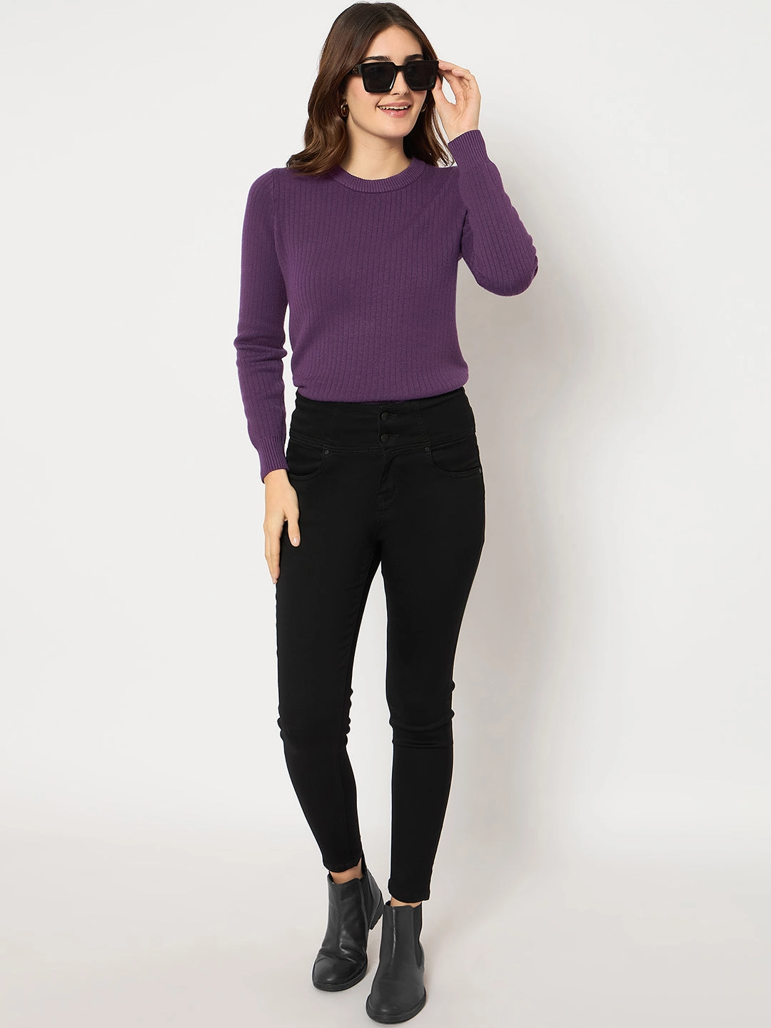 Madame Cotton Blend Double High Rise Solid Button Black Denim Jeans Regular Look