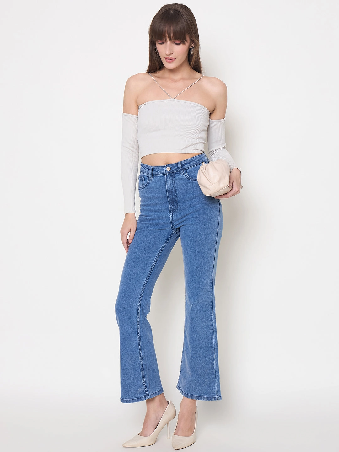 Madame Cotton Blend Flared Fit Mid Blue Denim Jeans Refined Detail