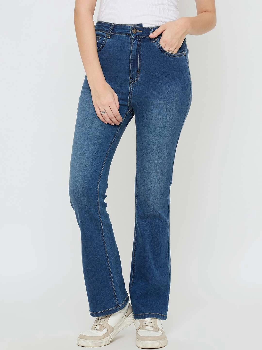 Madame Cotton Blend Stone Wash Mid Blue Flared Jeans Stretch Road Trip Brunch Outfit Durable Rivet Hardware