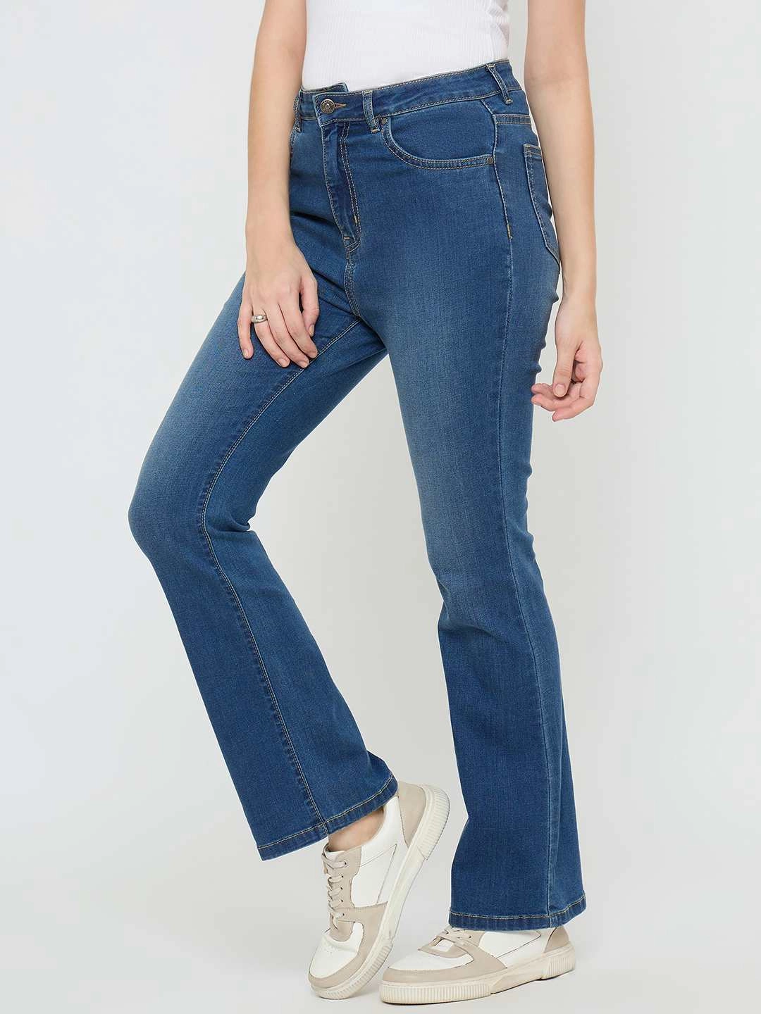 Madame Cotton Blend Stone Wash Mid Blue Flared Jeans Relaxed Style Weekend Style High Quality