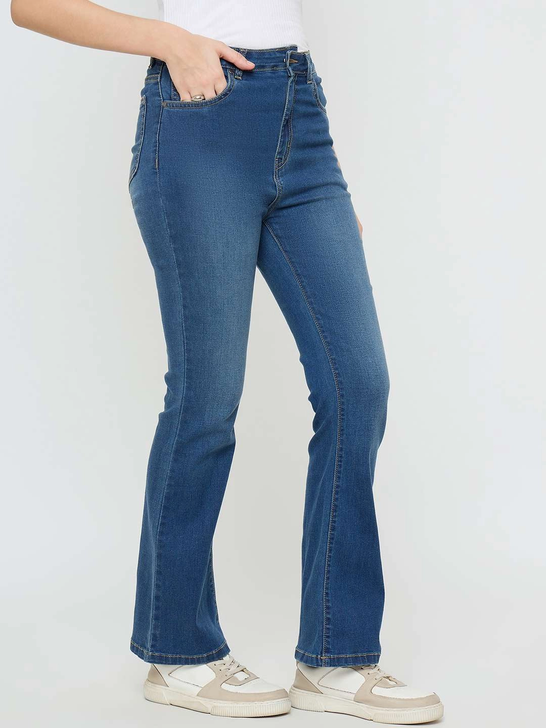 Favorite Basic Natural Style Madame Cotton Blend Stone Wash Mid Blue Flared Jeans