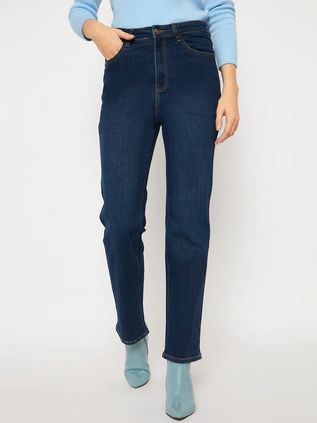 Neutral Outfit Piece Madame Cotton Blend Stone Wash Straight Fit Dark Blue Denim Jeans