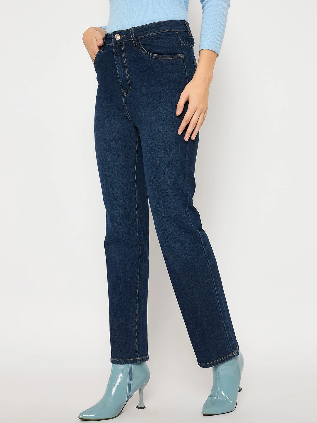 Madame Cotton Blend Stone Wash Straight Fit Dark Blue Denim Jeans Low Impact Manufacturing Customizable Hem Options