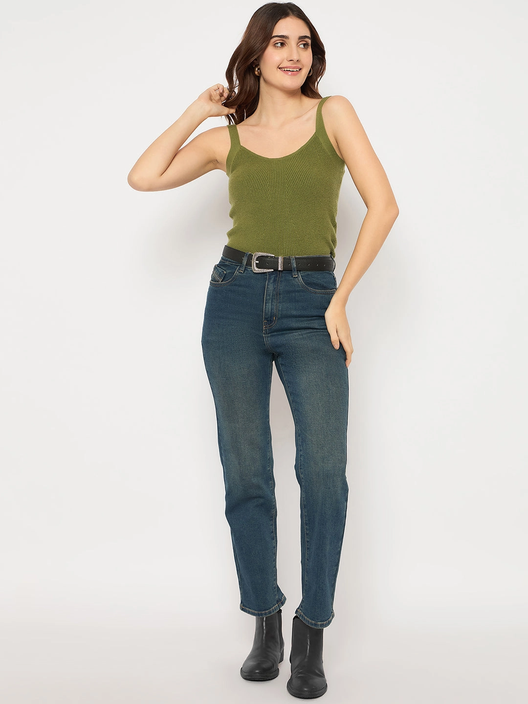 Gym Ready Slim Teen Outfit Stretch Road Trip Brunch Outfit Madame Cotton Blend Stone Wash Straight Fit Tinted Blue Denim Jeans