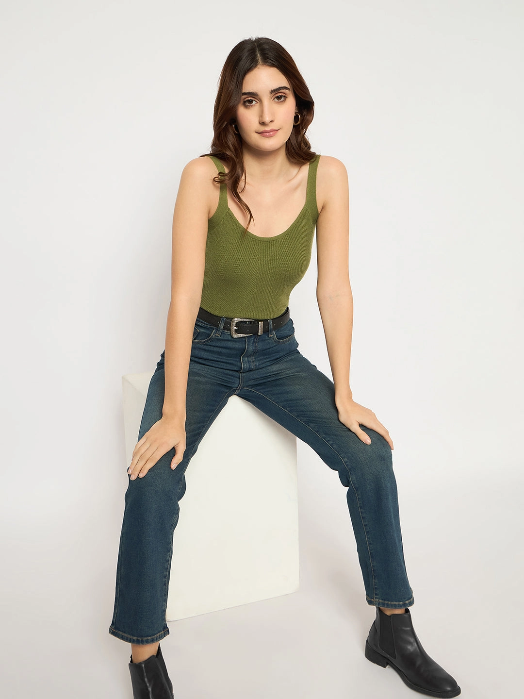 Madame Cotton Blend Stone Wash Straight Fit Tinted Blue Denim Jeans Chic Essentials Thermal Regulating Fabric