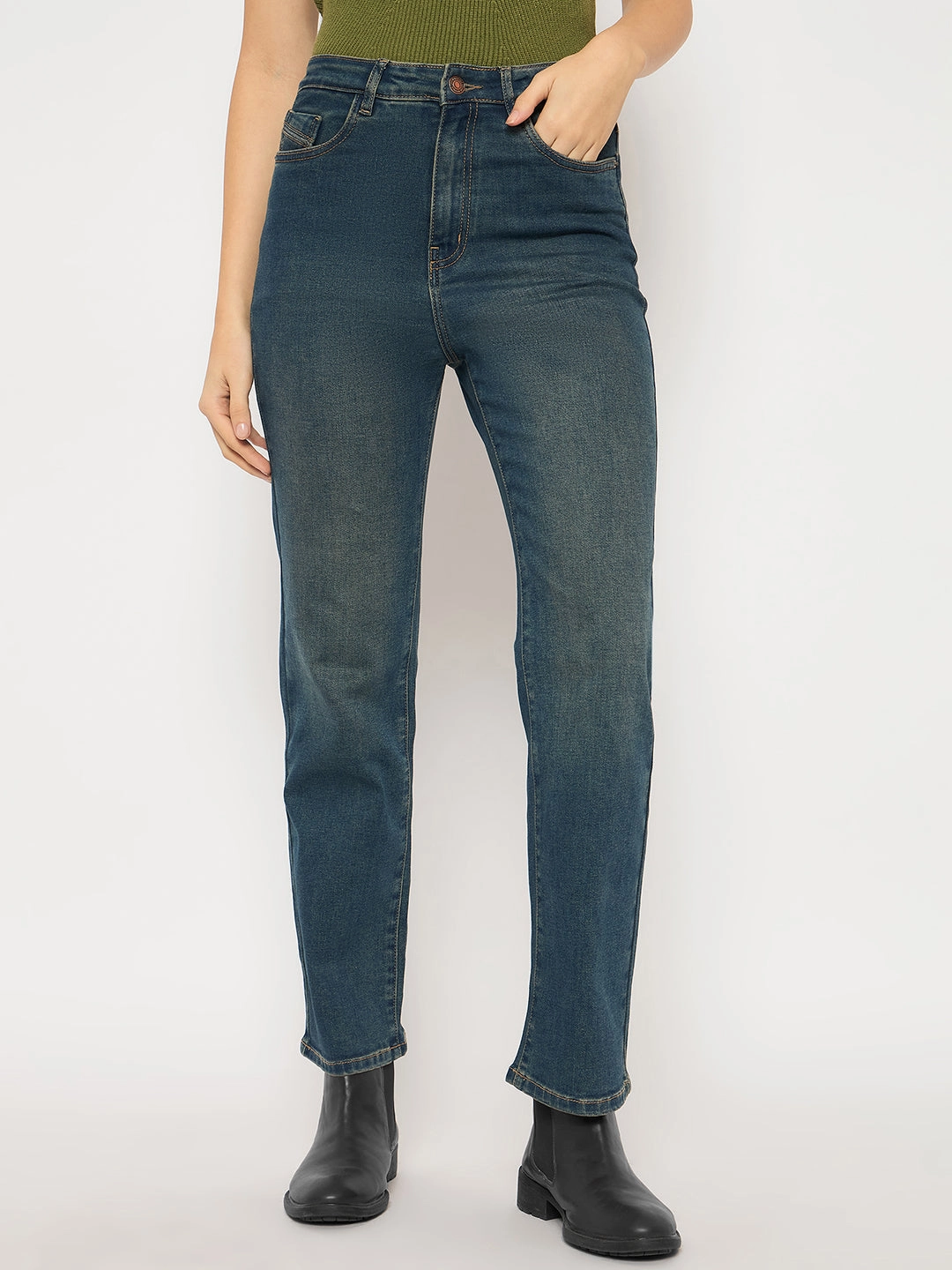 Sandblasted Details Madame Cotton Blend Stone Wash Straight Fit Tinted Blue Denim Jeans