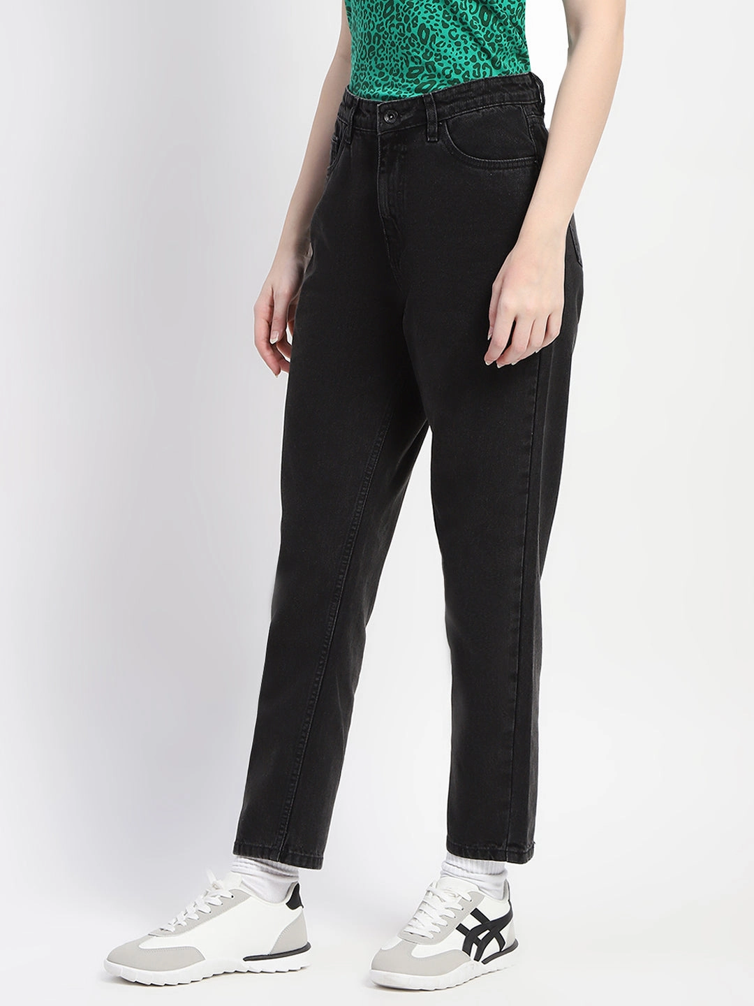 Madame Cotton Solid Black Straight Denim Everyday Look