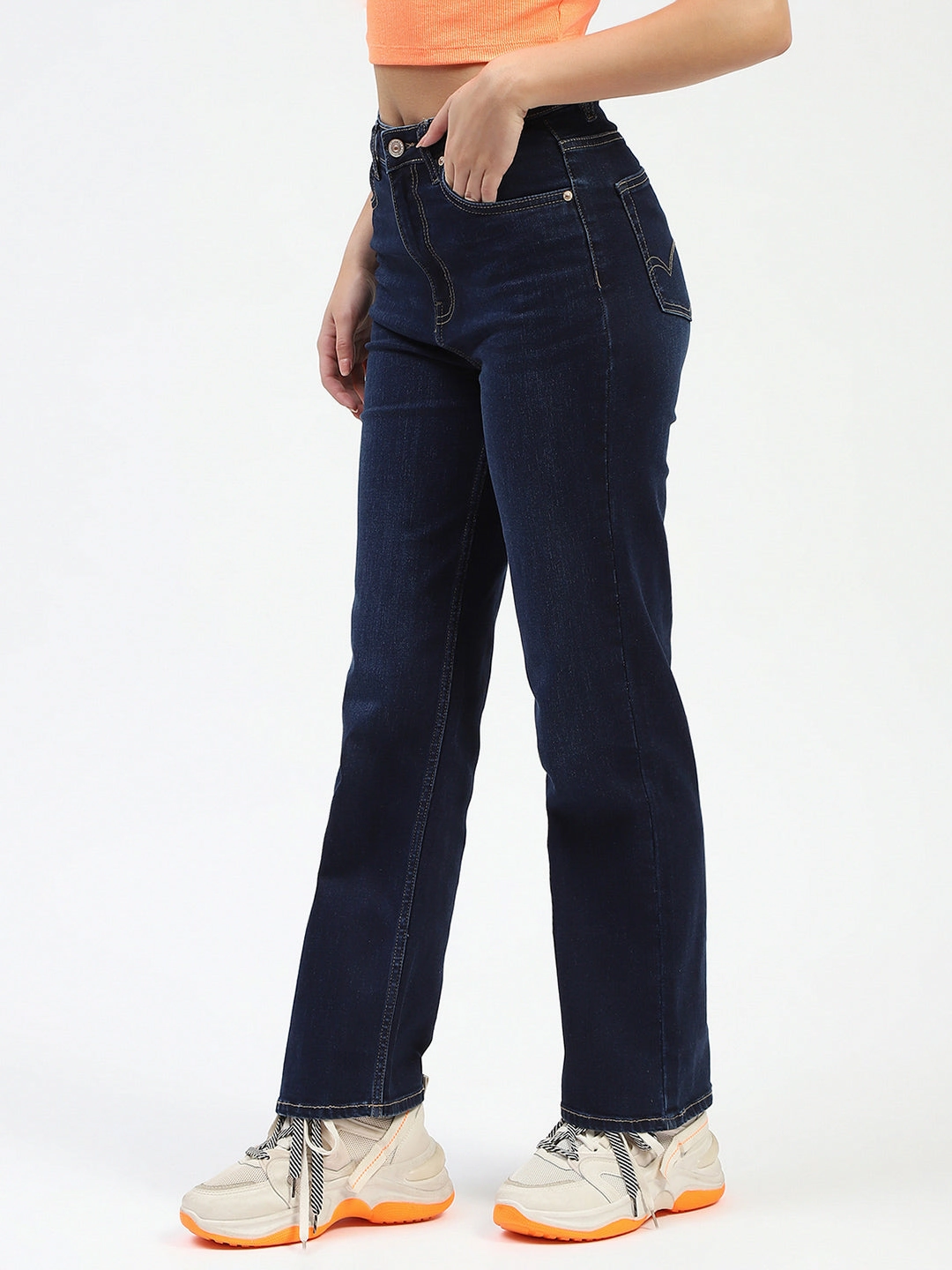 Madame Dark Blue Straight Fit Denim Jeans Stylish Casual Evening Stroll Tailored Silhouette
