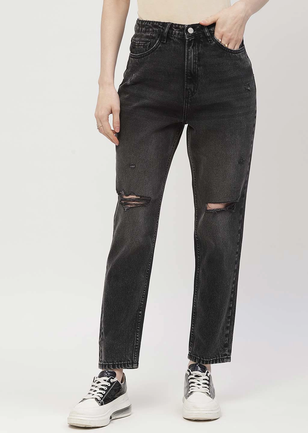 Simple Choice Madame Distressed Black Mom Fit Jeans
