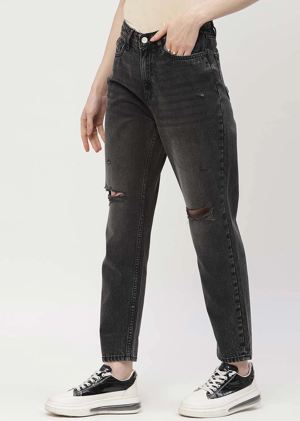 Madame Distressed Black Mom Fit Jeans Easy Care Effortless Look