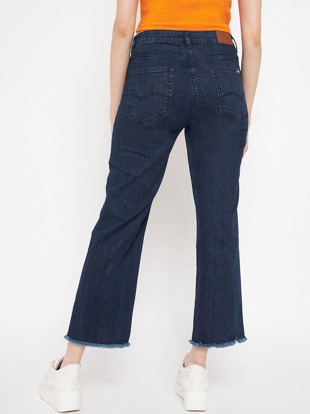 Madame Distressed Hem Solid Blue Denim Lightweight Denim Blend Smart Look