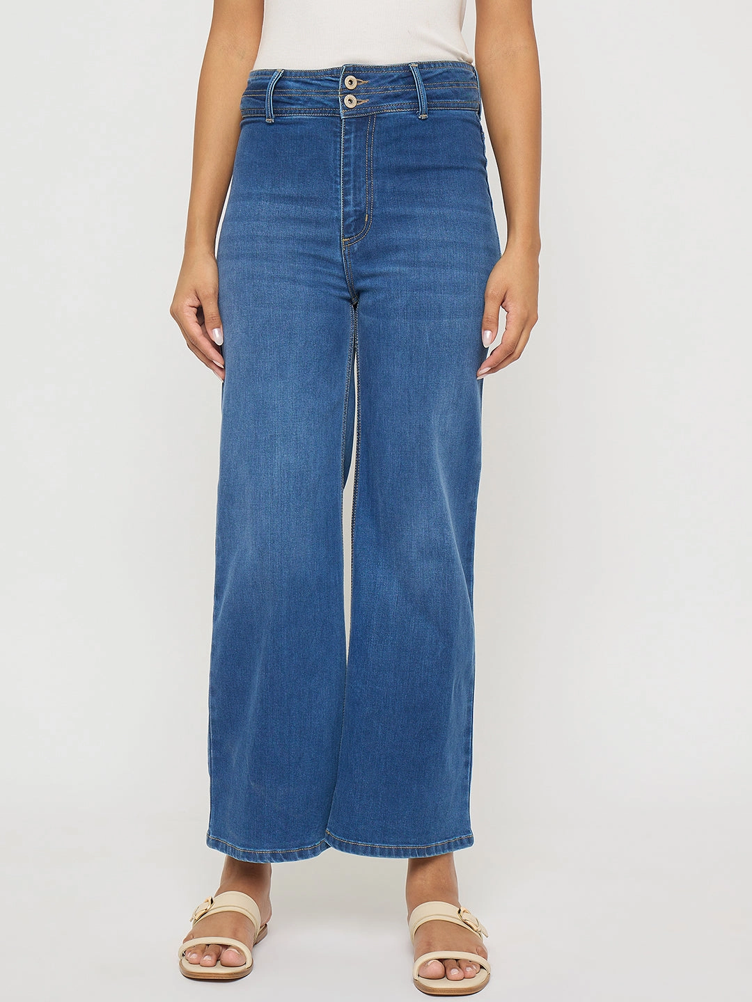 Light Fabric Non Toxic Textile Certified Madame Double Waisted Whiskered Wide Leg Mid Blue Jeans