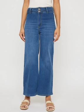 Light Fabric Non Toxic Textile Certified Madame Double Waisted Whiskered Wide Leg Mid Blue Jeans