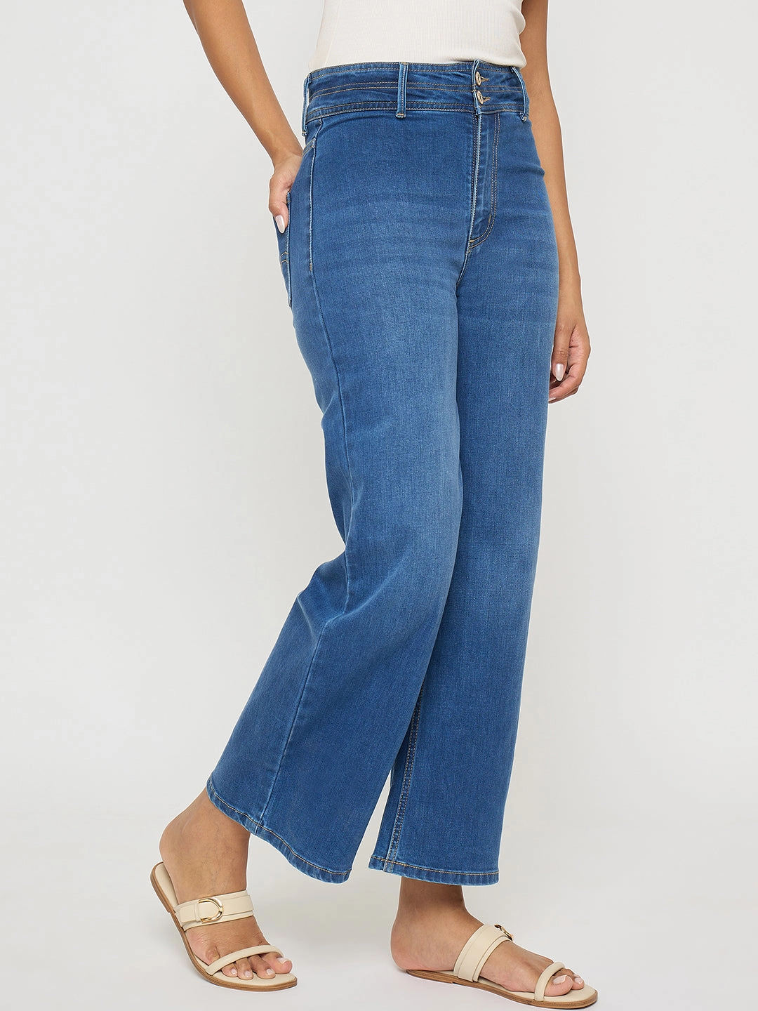 Madame Double Waisted Whiskered Wide Leg Mid Blue Jeans Fit Layer Shopping Day Street Fashion Textured