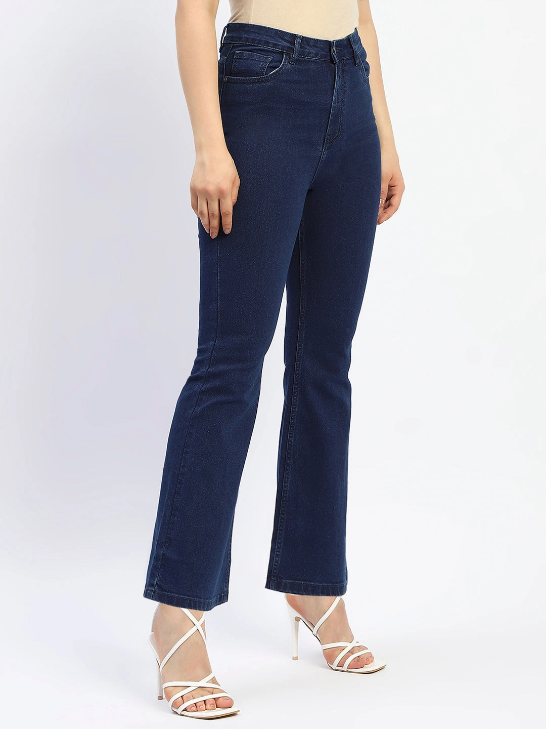 Madame Flared Solid Blue Cotton Blend Denim Multi Season Piece Minimalist Night Out Smooth