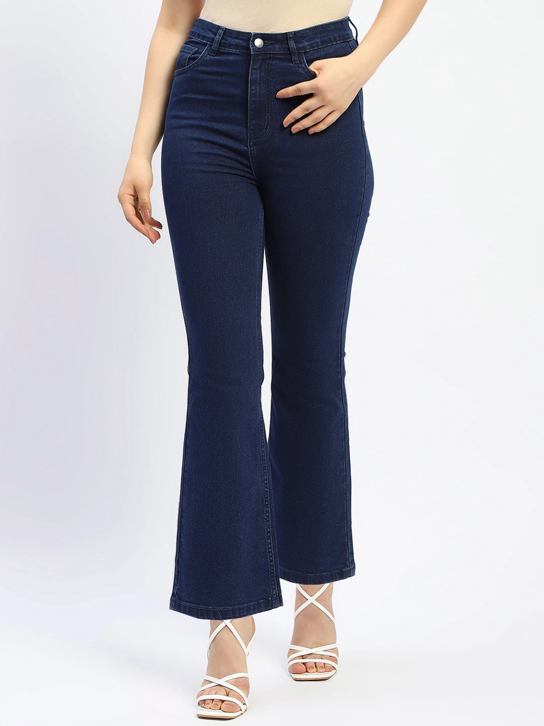 Fit Anytime Daily Wear Breathable Classic Madame Flared Solid Blue Cotton Blend Denim