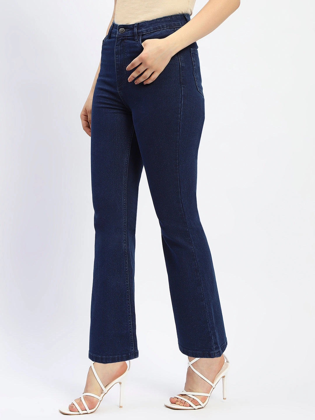 Subtle Look Trendy High Quality Madame Flared Solid Blue Cotton Blend Denim